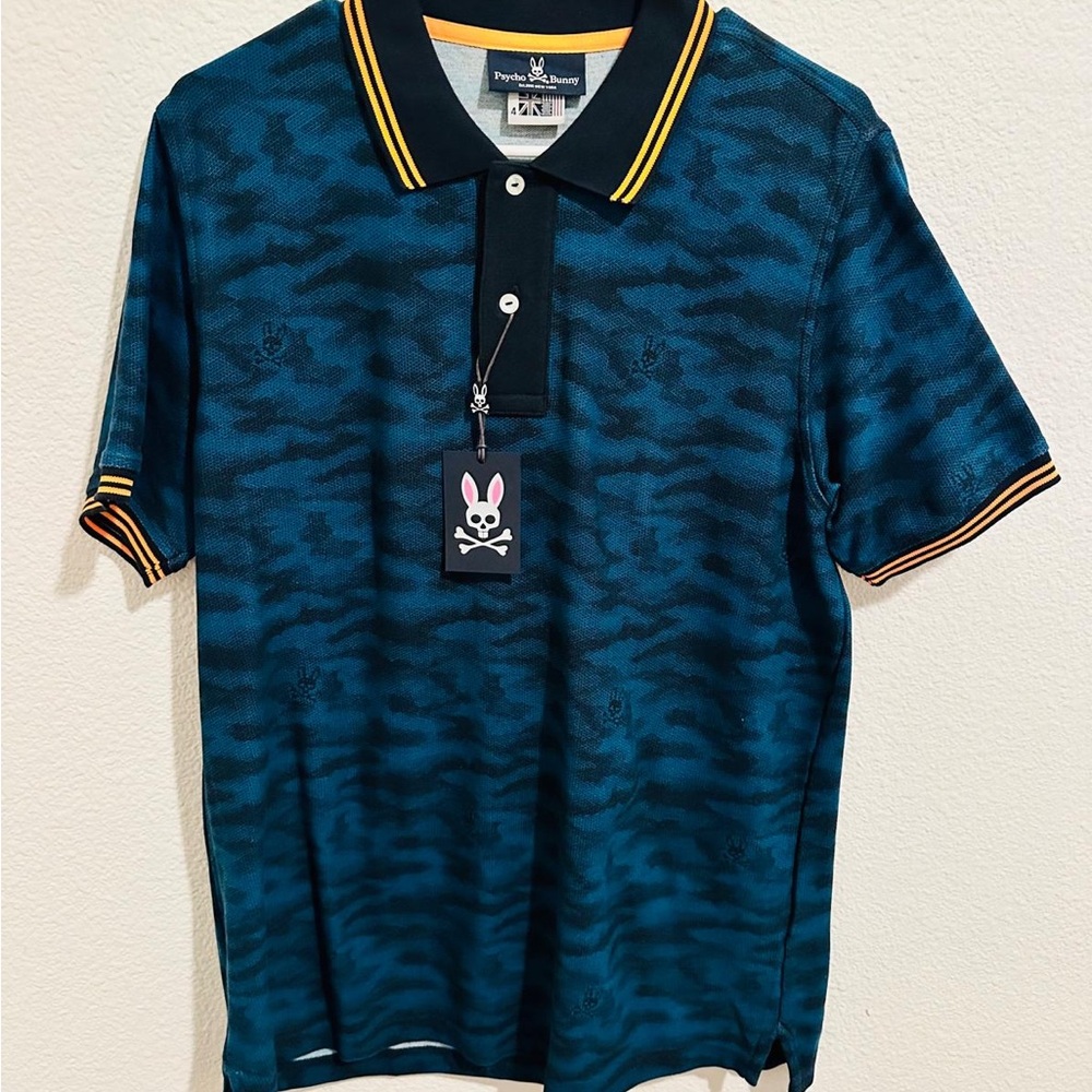 Psycho Bunny Teal and Black Polo with Yellow Trim